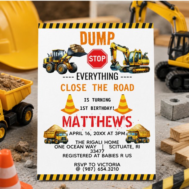 Invitation Fête d'anniversaire Camion à benne 1 an (Construction Dump Truck 1st Birthday Party Invitation)