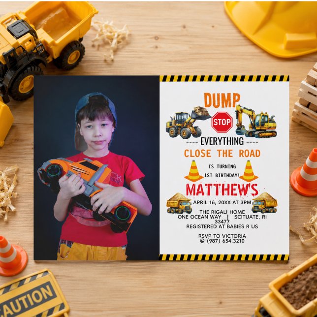 Invitation Fête d'anniversaire Camion à benne 1 an (Construction Dump Truck 1st Birthday Party Invitation)