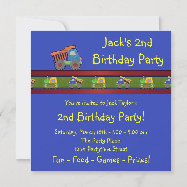 Invitation Fête d'anniversaire camion à benne pour garçons (Devant)
