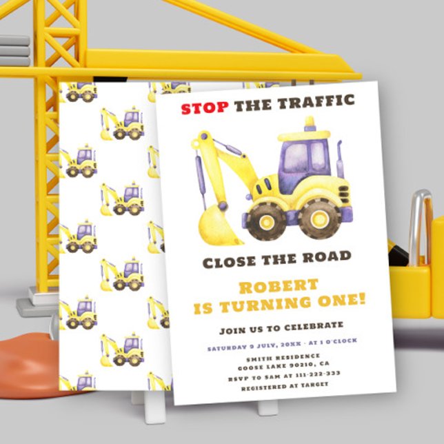 Invitation Fête d'anniversaire Camion de construction Excavat (Créateur téléchargé)