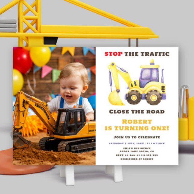 Invitation Fête d'anniversaire Camion de construction Excavat (Créateur téléchargé)