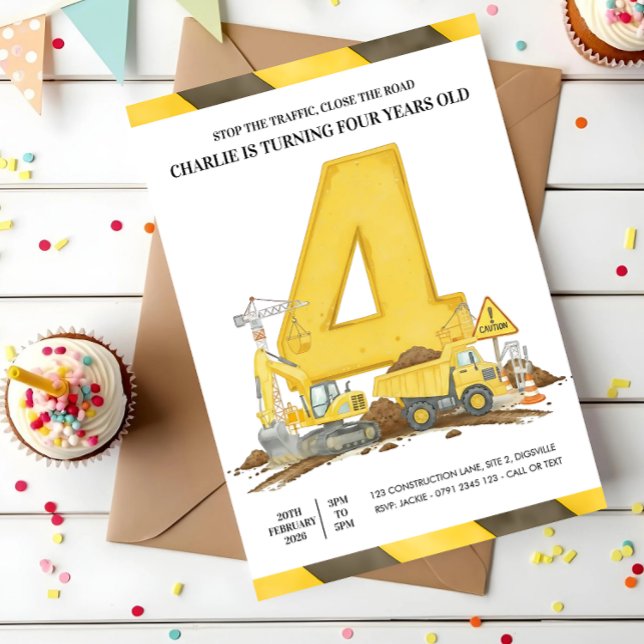 Invitation Fête d'anniversaire camion de construction jaune p (Créateur téléchargé)