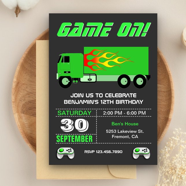 Invitation Fête d'anniversaire camion de jeux vidéo vert (Créateur téléchargé)