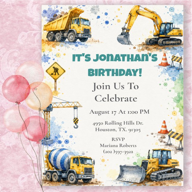 Invitation Fête d'anniversaire Camions de construction à l'aq (Créateur téléchargé)