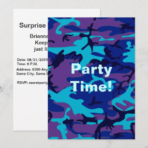 Invitation Fête d'anniversaire Camouflage Bleu foncé et Viole