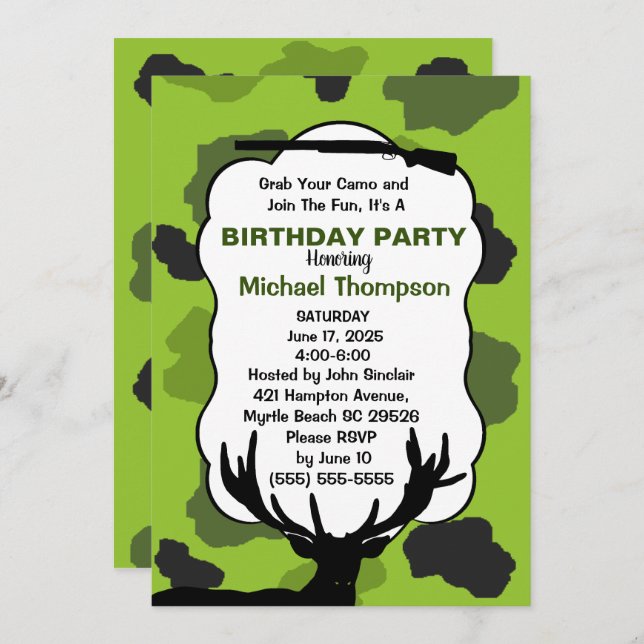Invitation Fête d'anniversaire Camouflage Chasseur de Cerfs (Devant / Derrière)