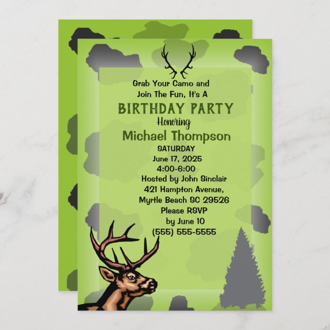 Invitation Fête d'anniversaire camouflage de chasseur de cerf (Devant / Derrière)