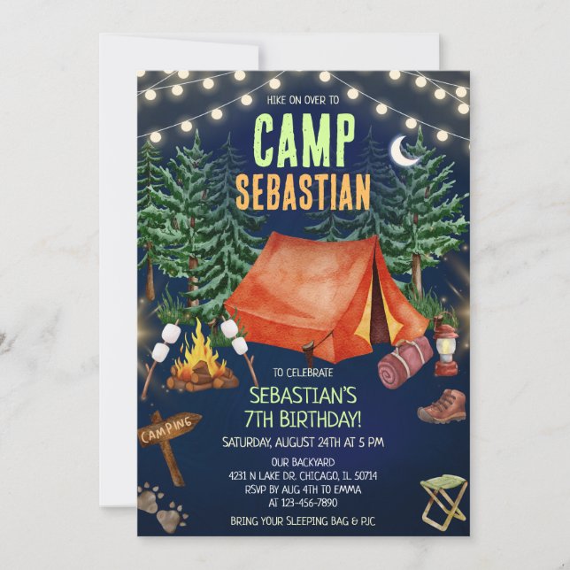 Invitation Fête d'anniversaire Camping  (Devant)