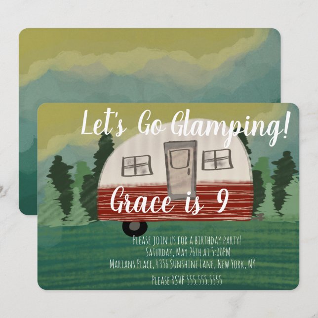Invitation Fête d'anniversaire Camping Art Camionnette Vintag (Devant / Derrière)