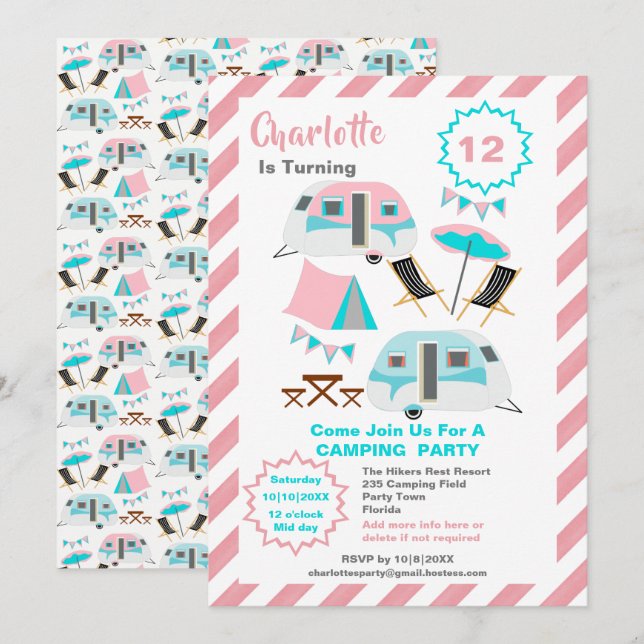 Invitation Fête d'anniversaire Camping Style Rétro Mignon  (Devant / Derrière)