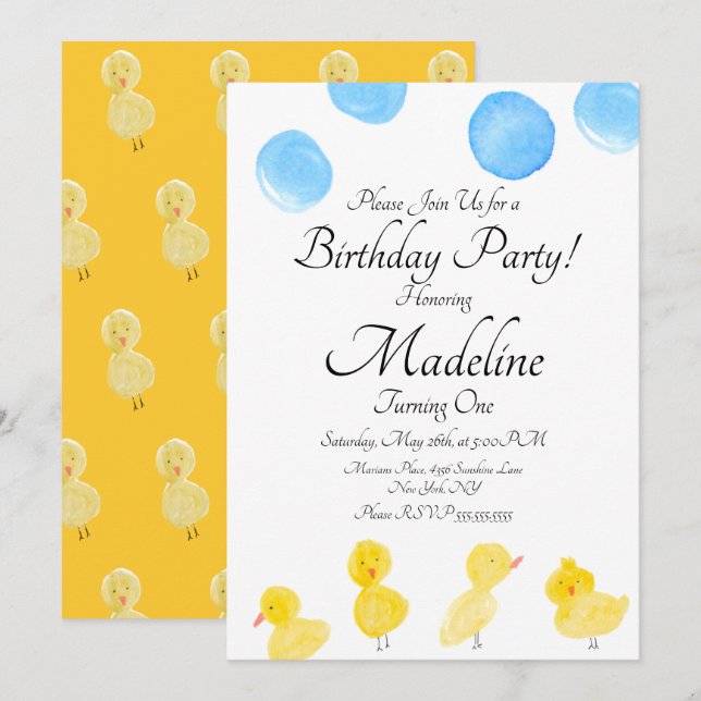 Invitation Fête d'anniversaire canard en caoutchouc peint à l (Devant / Derrière)