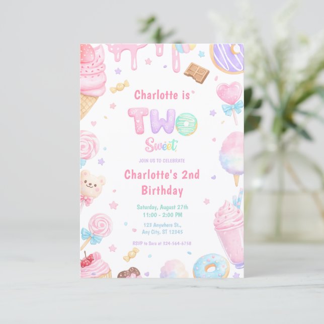 Invitation Fête d'anniversaire Candy Pastel Douce Deux (Debout devant)