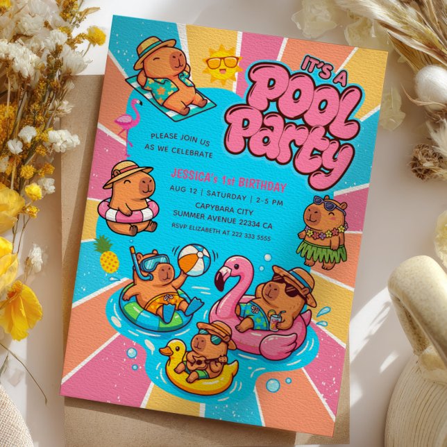 Invitation Fête d'anniversaire Capybara Piscine Rayons de sol (Créateur téléchargé)