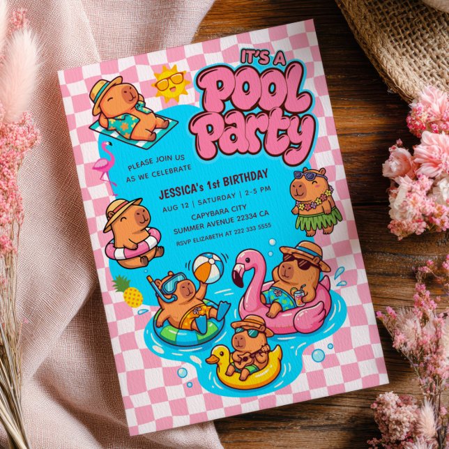 Invitation Fête d'anniversaire Capybara Pool Party à carreaux (Créateur téléchargé)