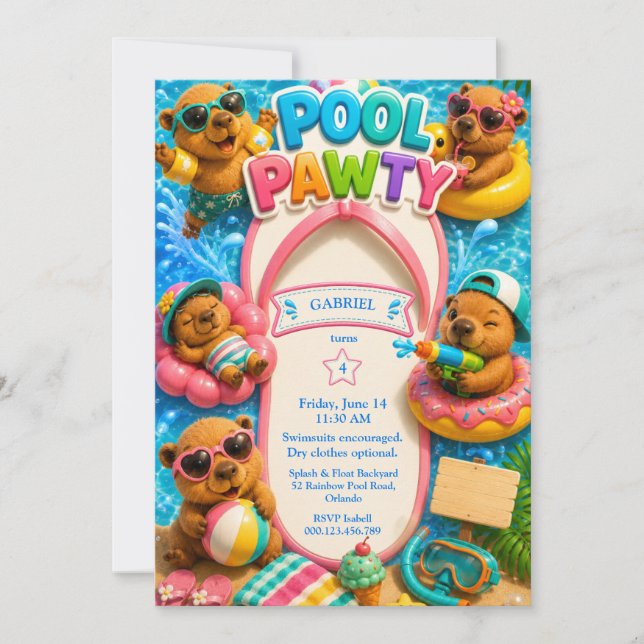 Invitation Fête d'anniversaire Capybara Splash Bash Piscine  (Devant)