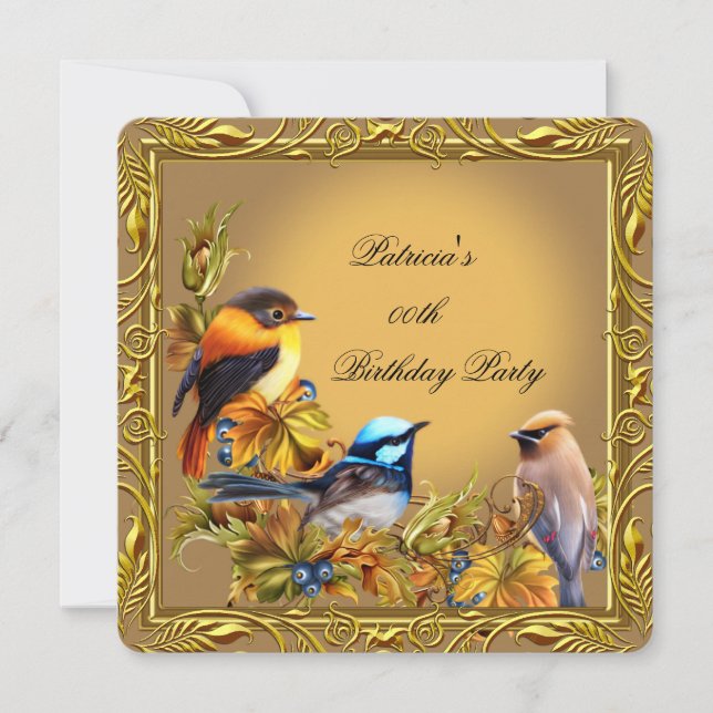 Invitation Fête d'anniversaire Caramel Or Oiseau Bleu Élégant (Devant)