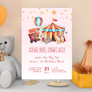 Invitation Fête d'anniversaire Carnaval Cirque Rose 1ère anné