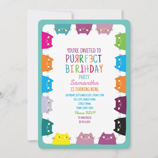 Invitation Fête d'anniversaire Cat Purrfect (Devant)