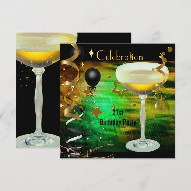 Invitation Fête d'anniversaire Célébration 21e Champagne Vert (Devant / Derrière)