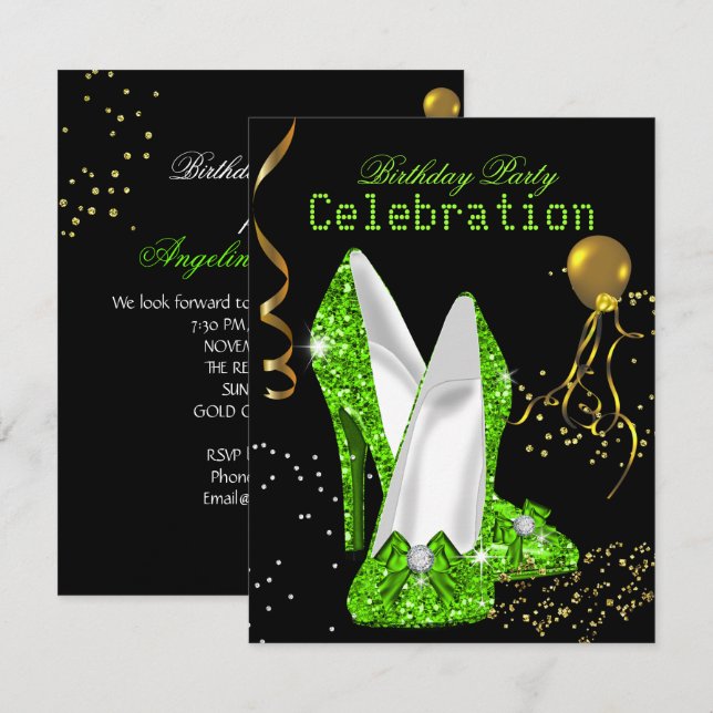 Invitation Fête d'anniversaire Célébration Vert Citron Doré P (Devant / Derrière)