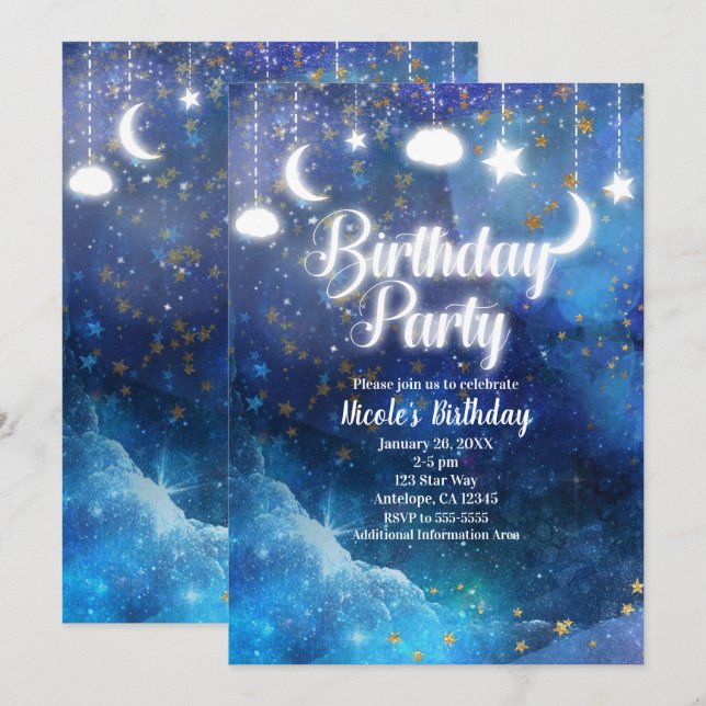 Invitation Fête d'anniversaire Céleste Fantastique avec Étoil (Devant / Derrière)
