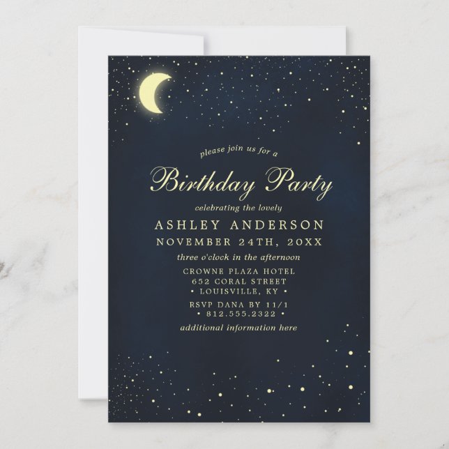 Invitation Fête d'anniversaire Céleste Lune Étoiles Bleu de M (Devant)