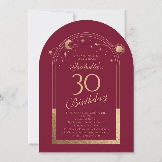 Invitation Fête d'anniversaire céleste Red Gold 30 ans (Devant)