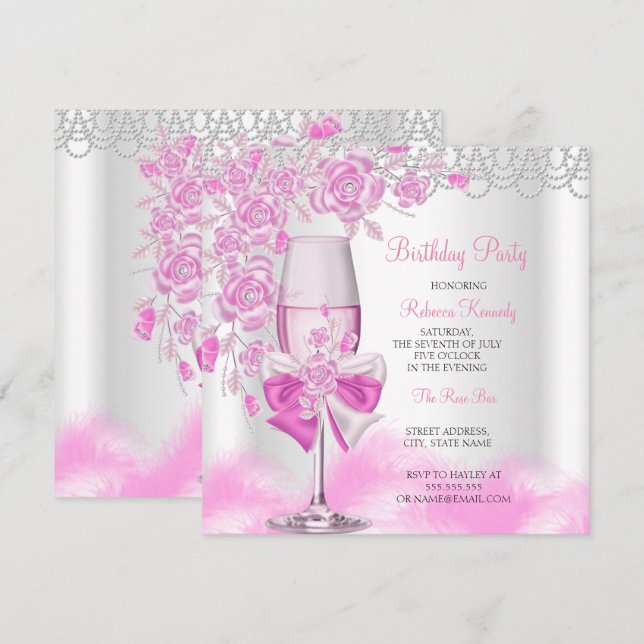 Invitation Fête d'anniversaire Champagne Blanc Rose Rose Pink (Devant / Derrière)