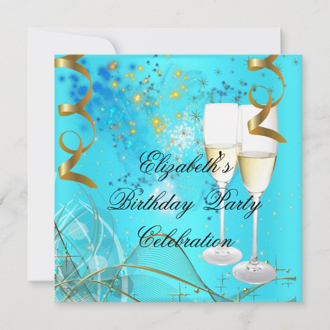Invitation Fête d'anniversaire Champagne Bleu sarcelle Or (Devant)