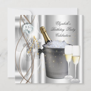 Invitation Fête d'anniversaire Champagne Élégant Argent Or