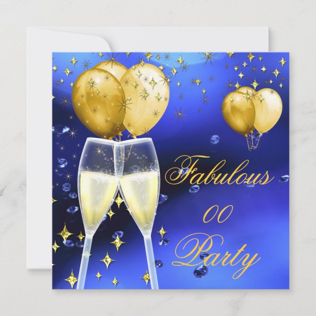 Invitation Fête d'anniversaire Champagne fabuleuse Or Bleu (Devant)