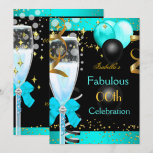 Invitation Fête d'anniversaire Champagne Or Bleu Sarcelle Fab