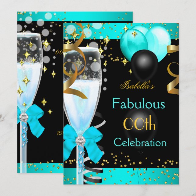 Invitation Fête d'anniversaire Champagne Or Bleu Sarcelle Fab (Devant / Derrière)