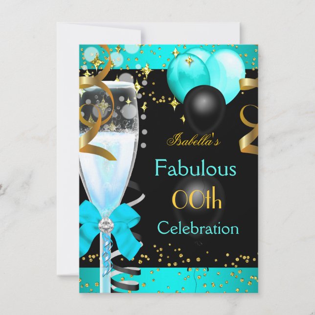 Invitation Fête d'anniversaire Champagne Or Bleu sarcelle Fab (Devant)