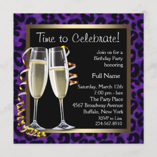Invitation Fête d'anniversaire Champagne Purple Leopard