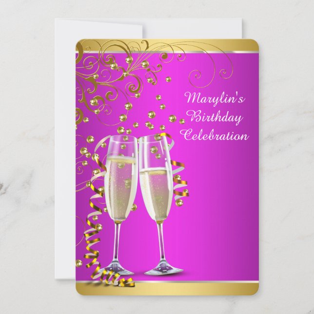 Invitation Fête d'anniversaire Champagne Rose Chaud Or (Devant)