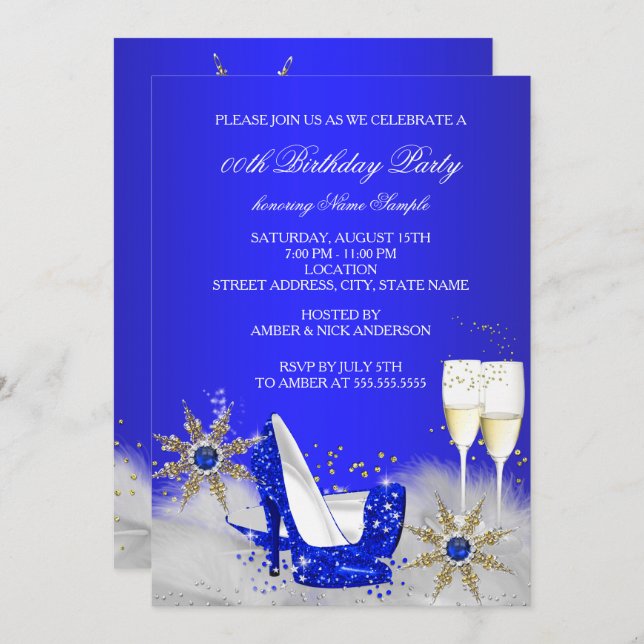 Invitation Fête d'anniversaire Champagne Royal Blue High Heur (Devant / Derrière)