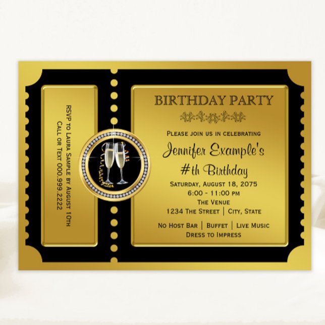 Invitation Fête d'anniversaire Champagne Ticket d'Or (All text can be changed. Any occasion elegant black and gold ticket style invitation.)