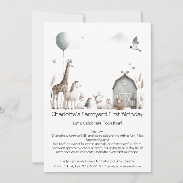 Invitation Fête d'anniversaire champêtre pour une première an (Devant)