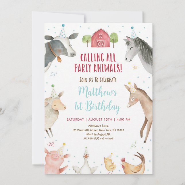 Invitation Fête d'anniversaire chapeau de ferme animaux (Devant)