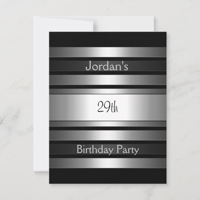 Invitation Fête d'anniversaire Charcoal Silver Stripes 29 ans (Devant)
