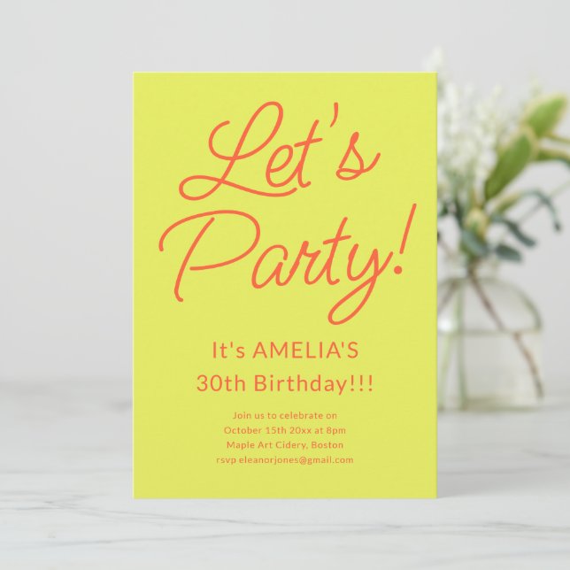 Invitation Fête d'anniversaire Chartreuse Orange Let's Party (Debout devant)
