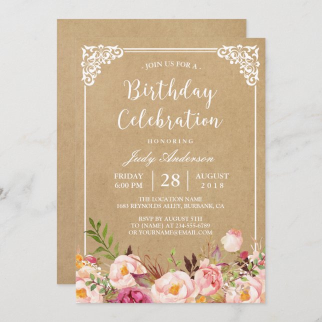 Invitation Fête d'anniversaire | Châssis Floral Rustique Kraf (Devant / Derrière)