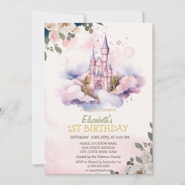 Invitation Fête d'anniversaire Château Nuages Fleurs Points   (Devant)