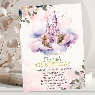 Invitation Fête d'anniversaire Château Nuages Fleurs Points