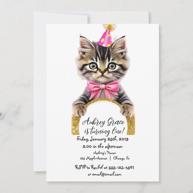 Invitation Fête d'anniversaire chaton chat rose or paillettes (Devant)