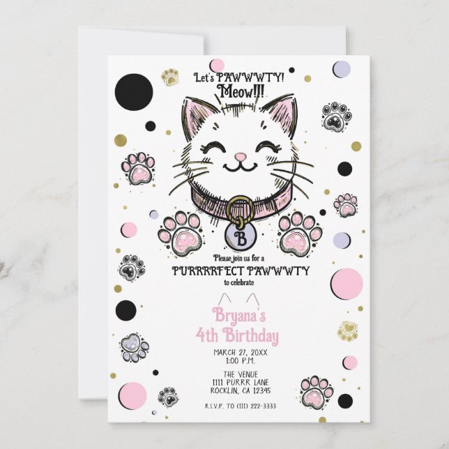 Invitation Fête d'anniversaire chaton rose violet or Kitty Ca (Devant)