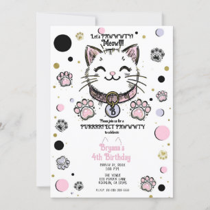 Invitation Fête d'anniversaire chaton rose violet or Kitty Ca