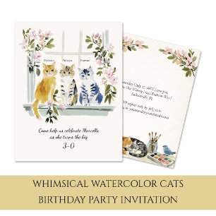 Invitation Fête d'anniversaire Chats Aquarelle Fantaisiste  