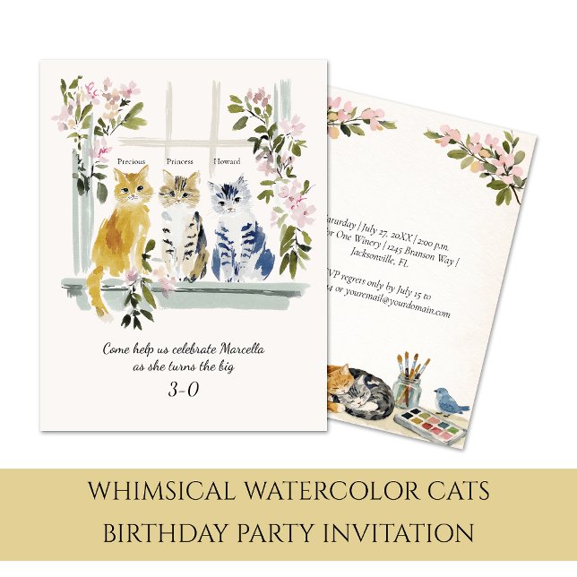 Invitation Fête d'anniversaire Chats Aquarelle Fantaisiste | (Créateur téléchargé)